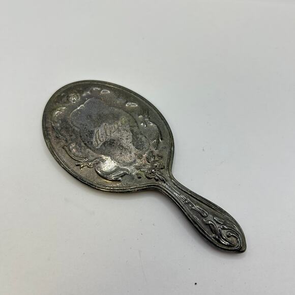 Vintage Antique Small 4 in Handheld Mirror "Alexa" Roses Pewter Signed RB? - Picture 8 of 8